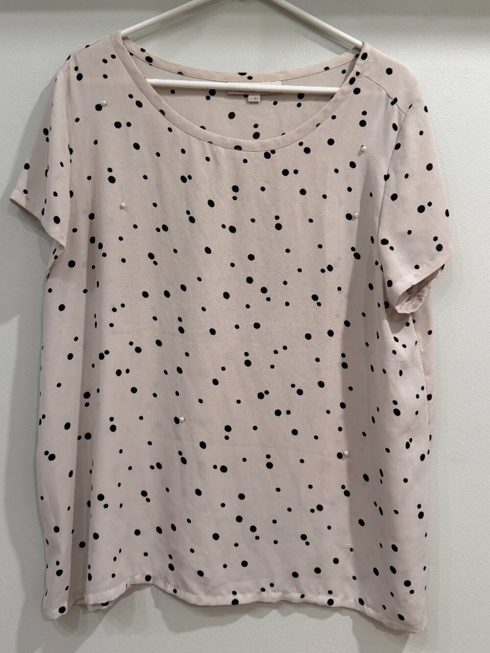 Pearl Detail Polka Dot Flowy Top - LOFT - Size XL - Cream and Black